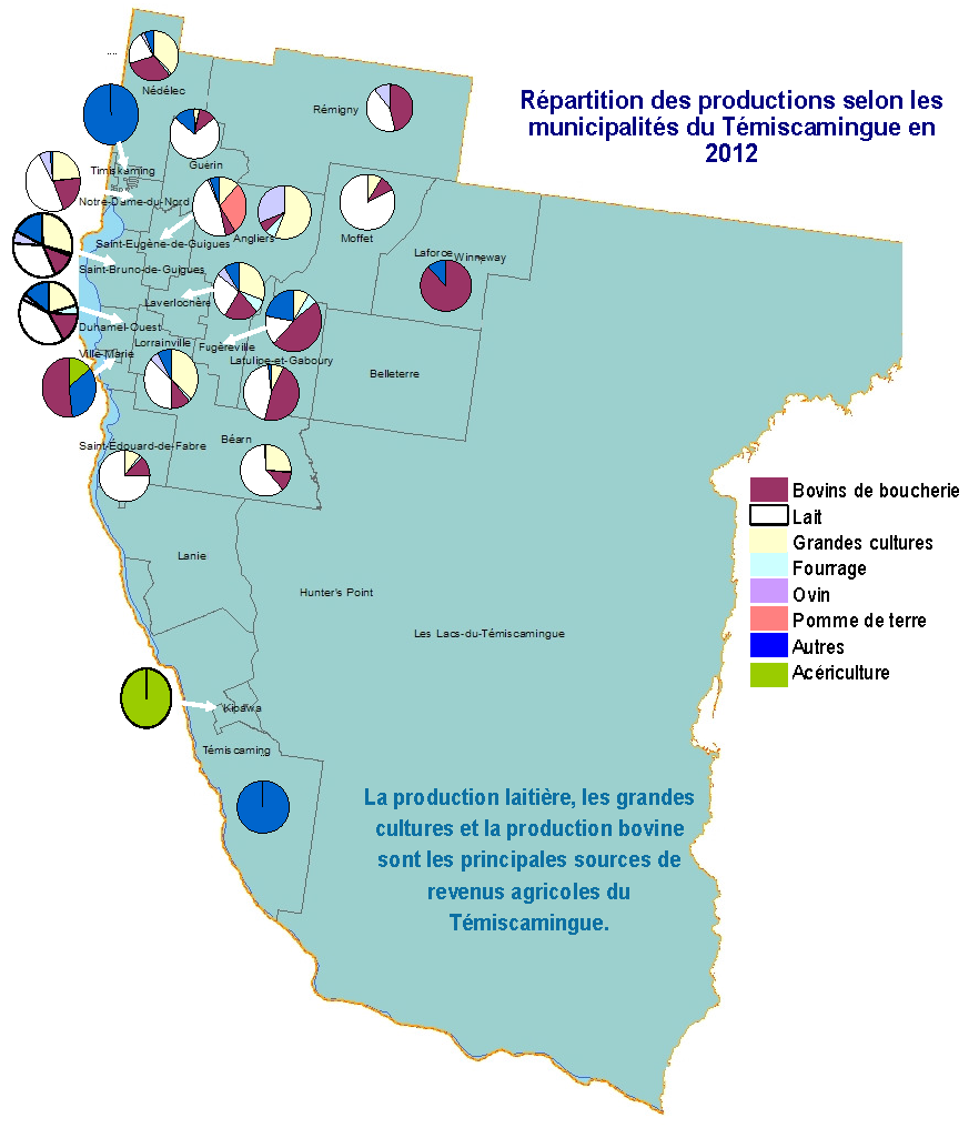 Répartition des productions selon les municipalités du Témiscamingue en 2012