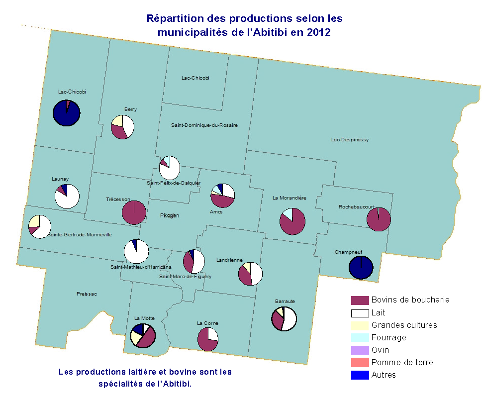 Répartition des productions selon les municipalités de l’Abitibi en 2012